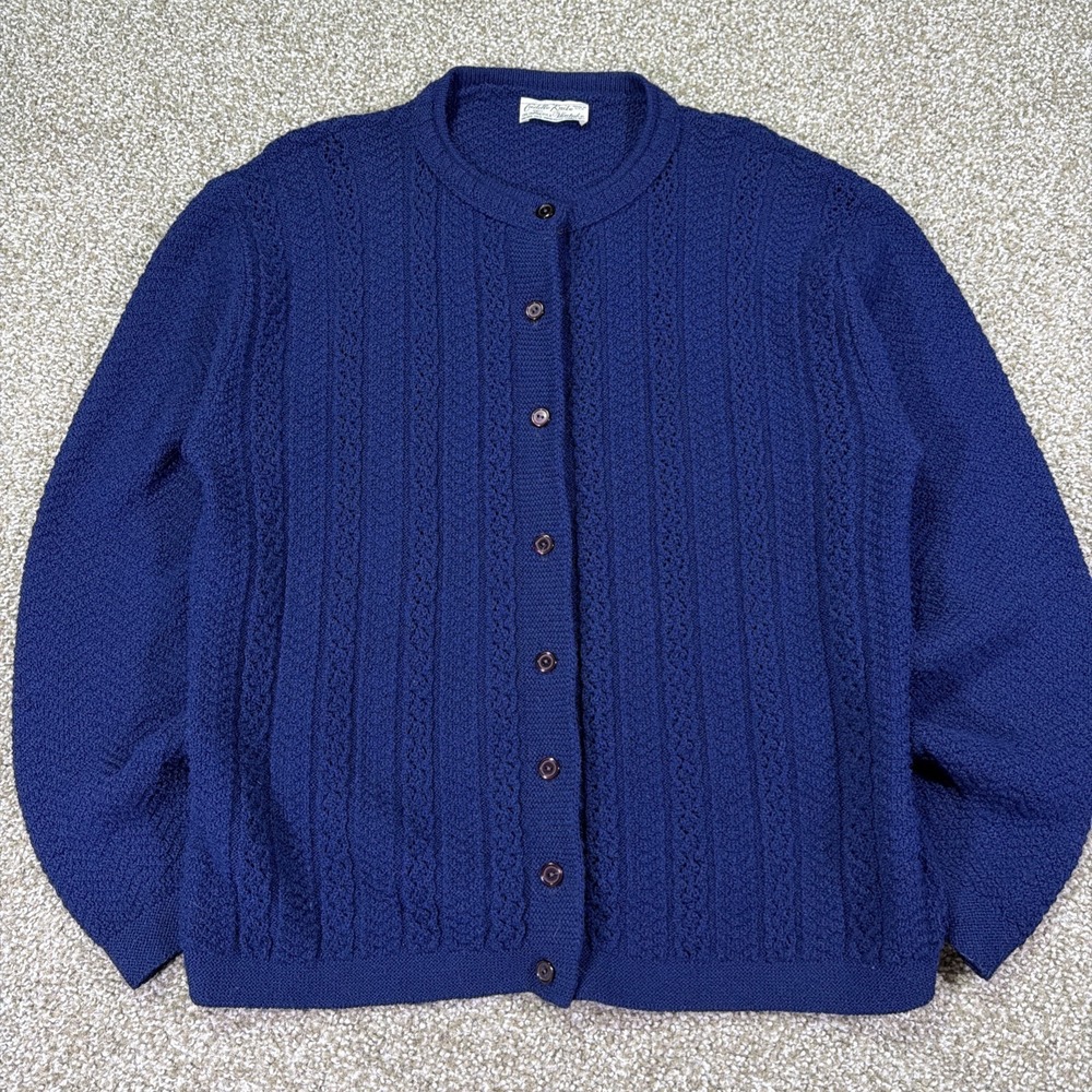60s Button Up Ribbed Cardigan Navy Blue Size Large Cuddle Knits Orlon Acrylic